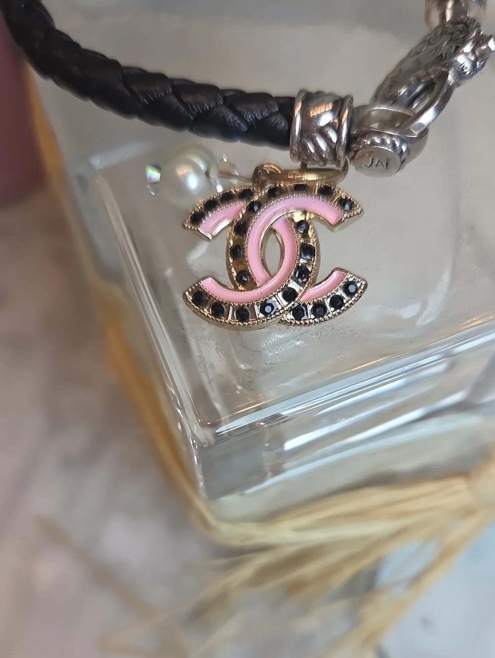 QVC JAI Sterling Silver Black Braided Leather Bracelet w/Pink & Pearl CC Charm